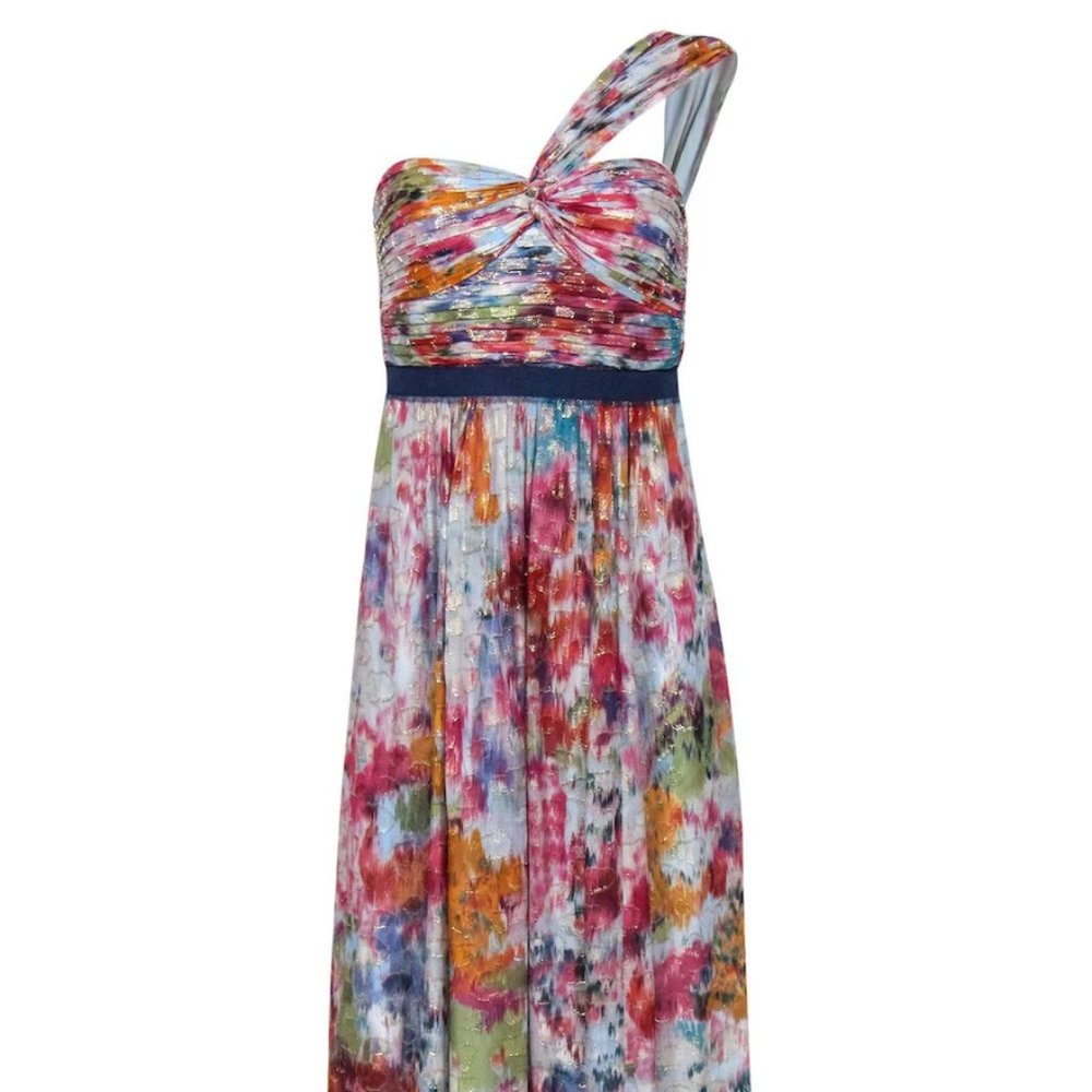 BCBG Max Azria - Multicolored Metallic Watercolor Print One-Shoulder Gown Sz 2